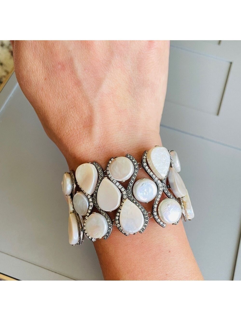 JUDITH JACK 3 ROW WIDE PANEL PEARL, MARCASITE, CZ STERLING SILVER BRACEL…
